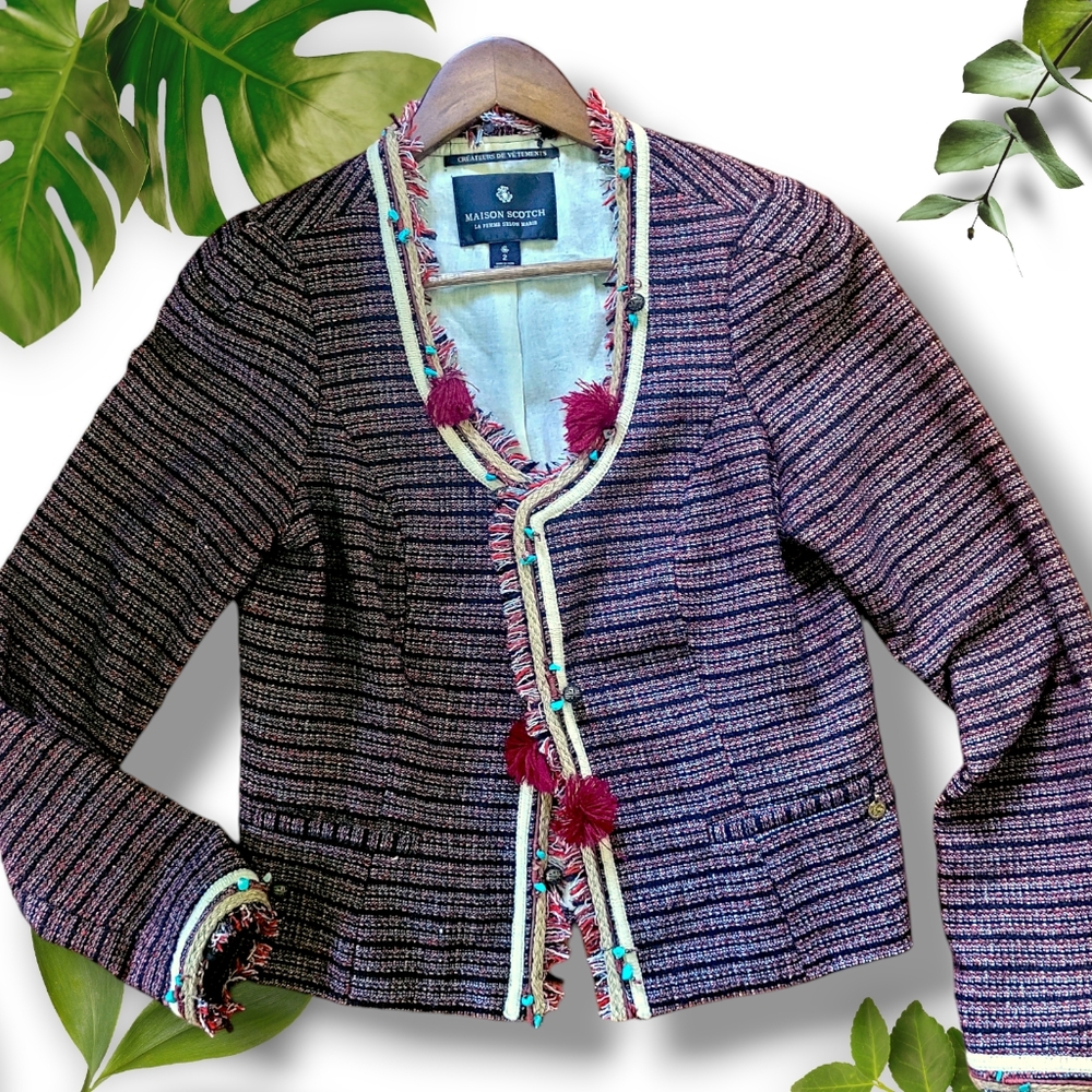 Maison Scotch Embellished Tweed Jacket, sz 2